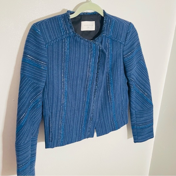 Sandro Egyptian Blue Asymmetrical Woven Denim Blazer Jacket French Denim Boho - Picture 5 of 11